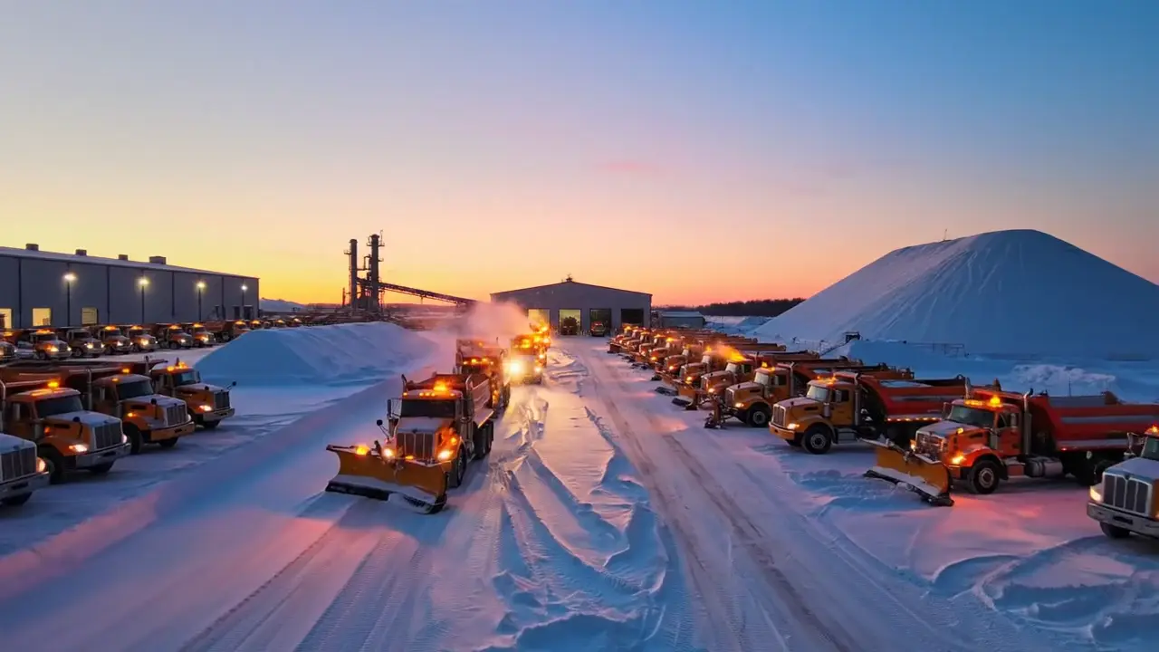 Aerial flyover of plow trucks lined up beside a salt pile at a snowy yard at dusk