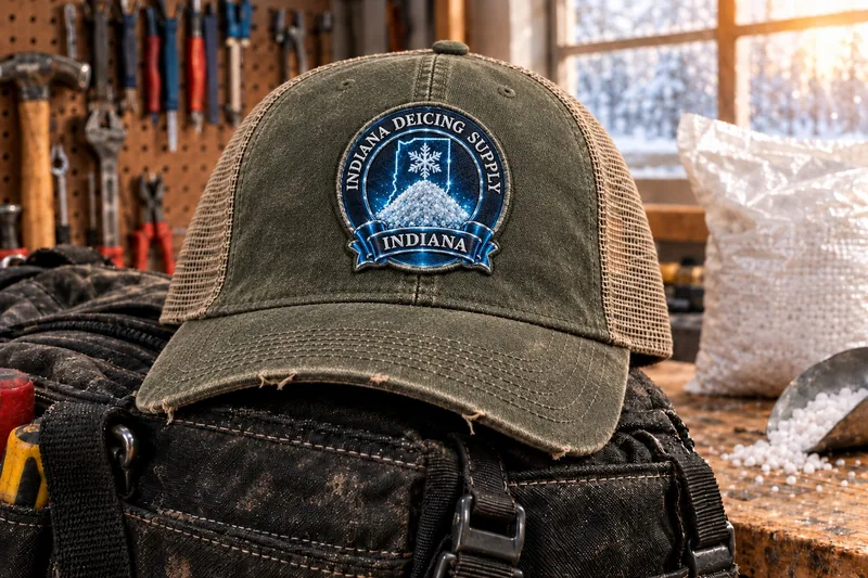 Indiana Deicing Supply trucker cap on a tool bag in a workshop