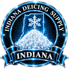 Indiana Deicing Supply badge: snowflake and Indiana outline over a salt pile